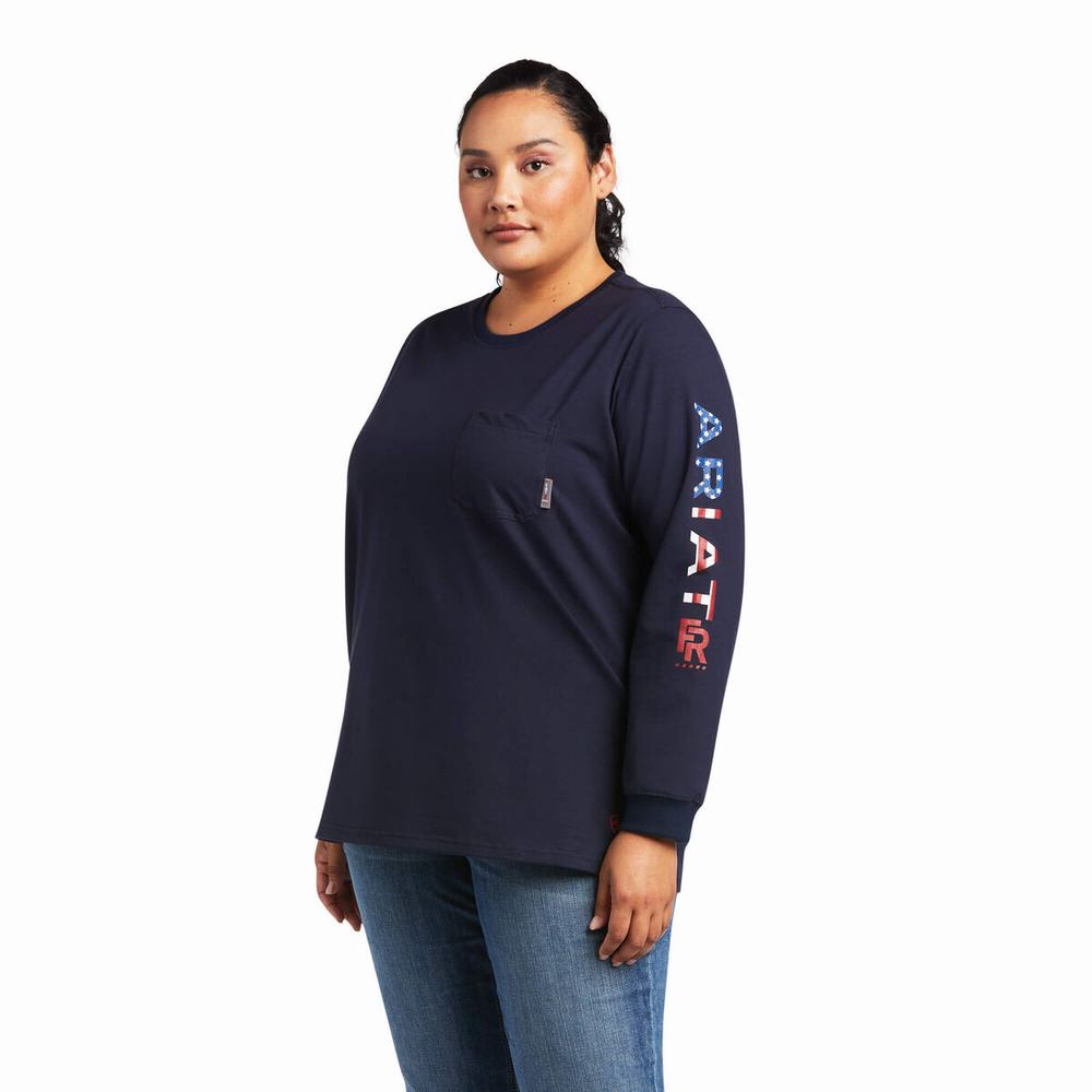 Camisas Ariat FR Stretch Logo Mujer Azul Marino | MX-30LTEG