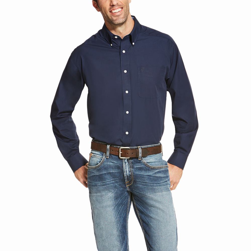 Camisas Ariat Wrinkle Free Solid Hombre Azul Marino Azules | MX-63IOPS